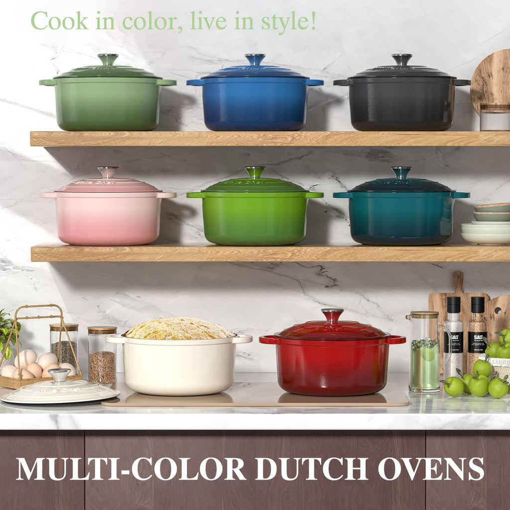Multi-color enameled cast iron Dutch oven set with lids, including sage green