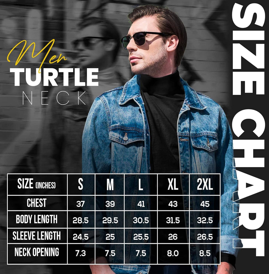 Men's black turtleneck pullover sweater under a denim jacket