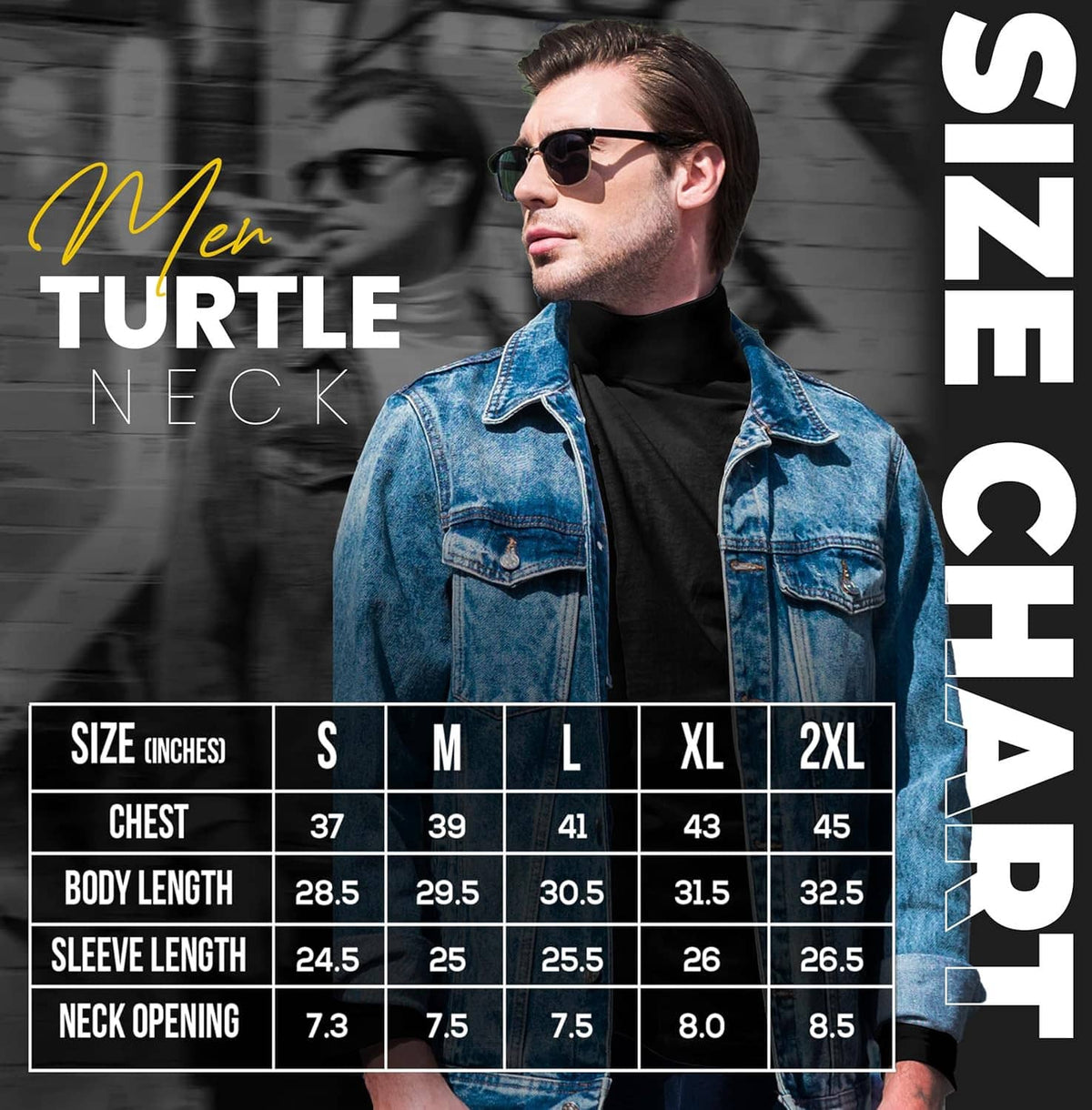 Men's black turtleneck pullover sweater under a denim jacket