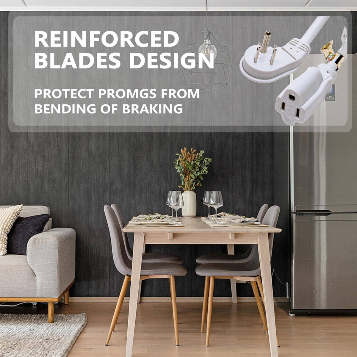 White flat plug extension cord with two-prong and three-prong plug ends.