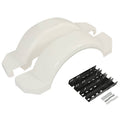White HDPE trailer fenders with black mounting brackets and included hardware set