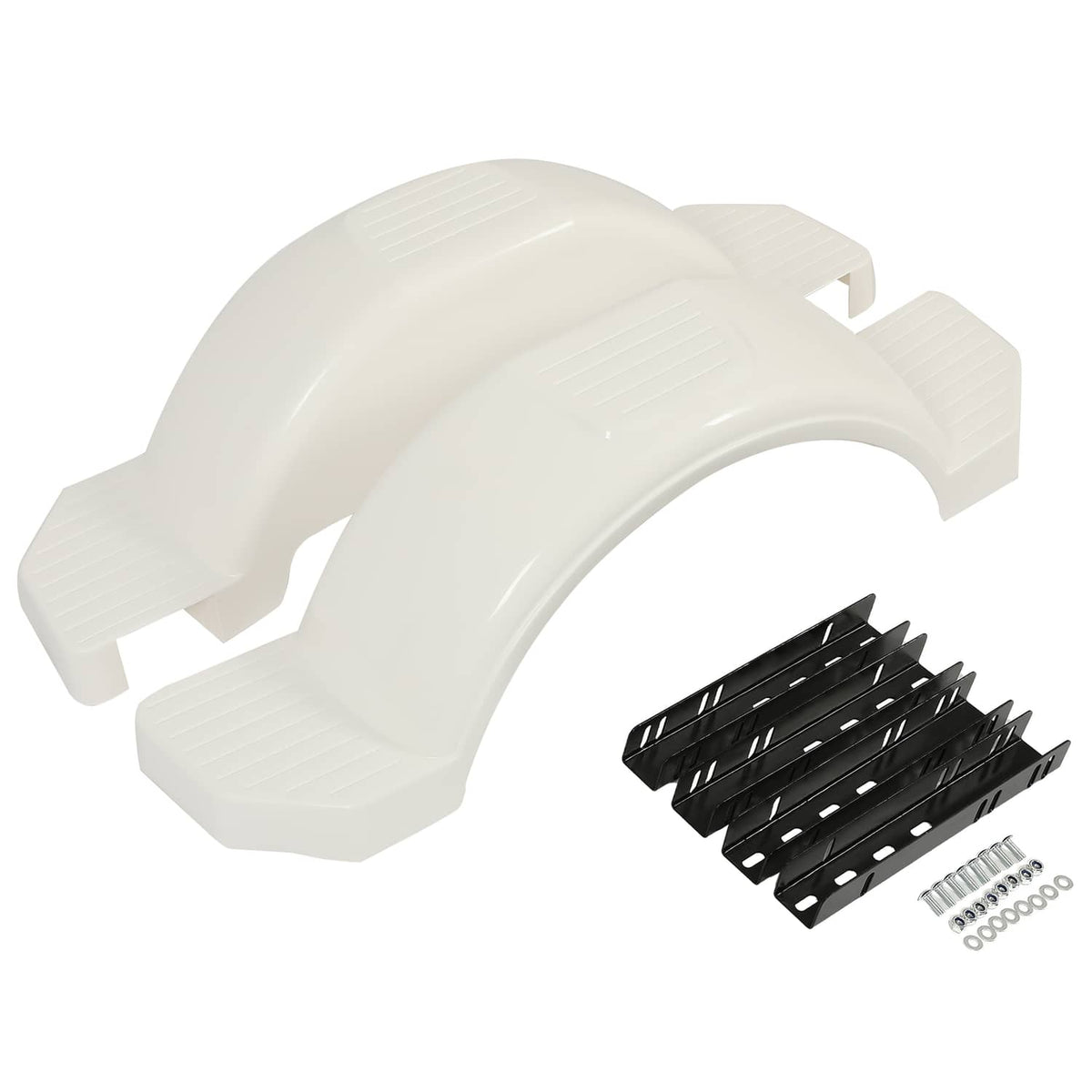 White HDPE trailer fenders with black mounting brackets and included hardware set