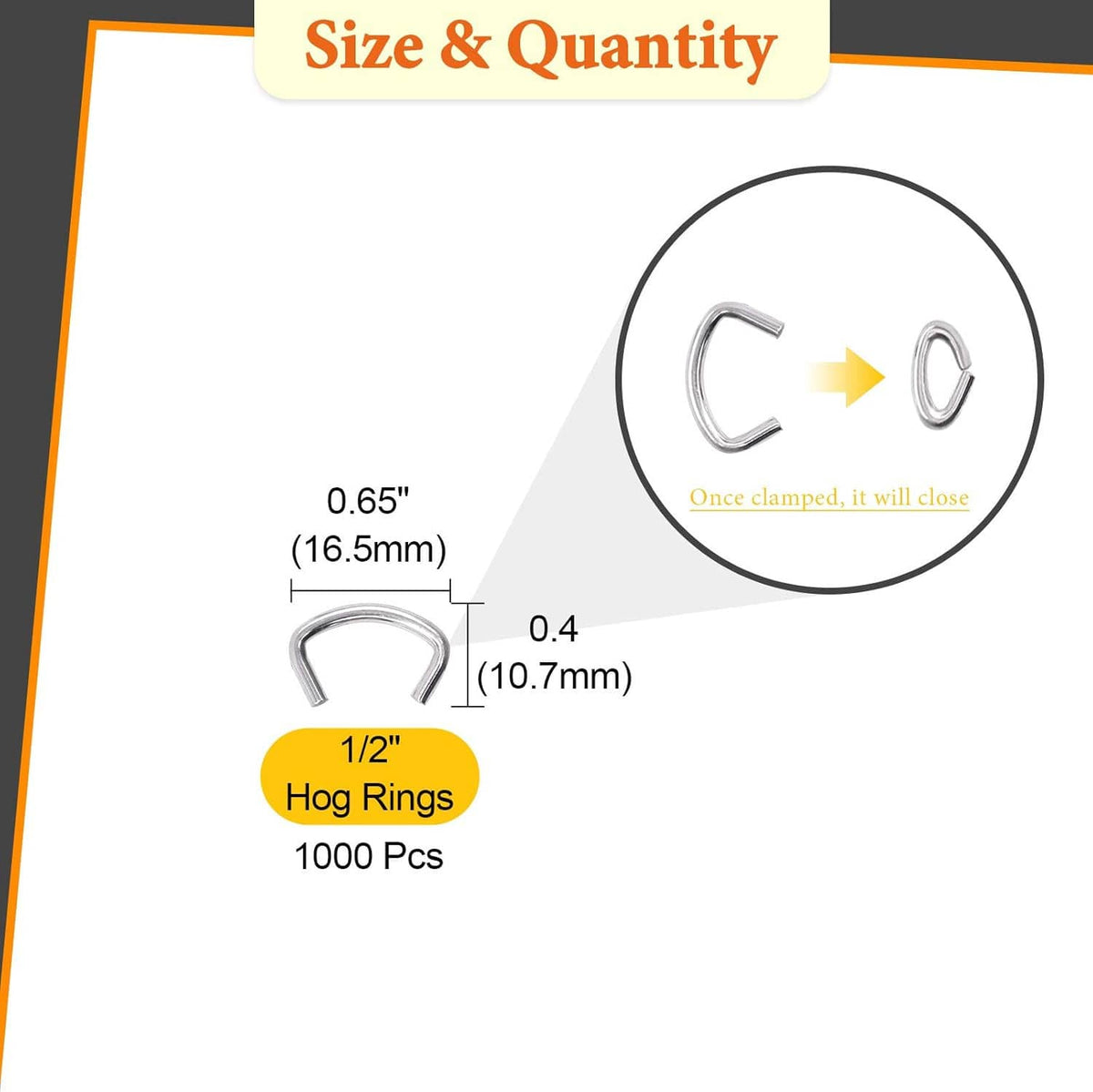 Hog ring size guide showing U-shaped galvanized ring dimensions