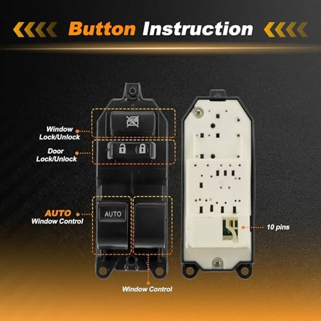 Window control switch with button layout diagram and pin connector plate