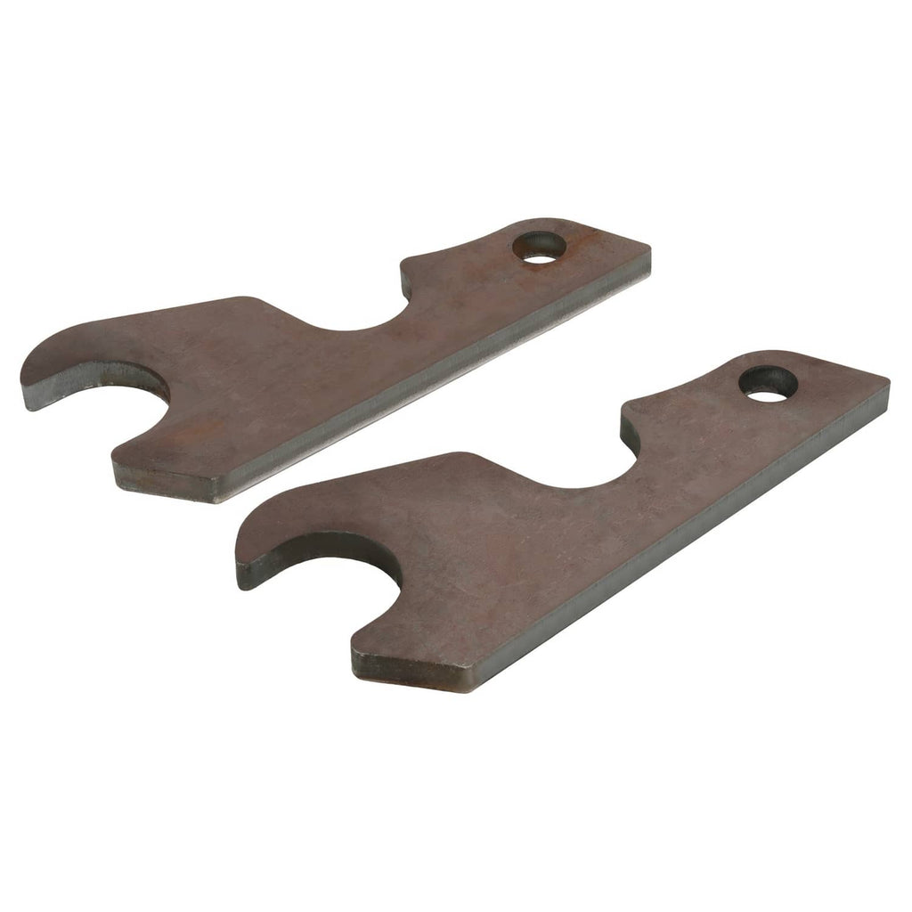 Two bucket ears brackets side by side, brown steel with circular pin holes