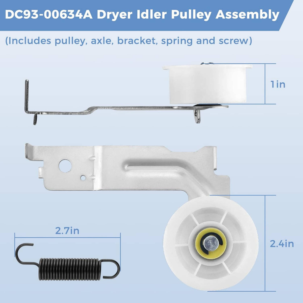 Dryer idler pulley assembly: white bracket with wheel, spring, and axle screw