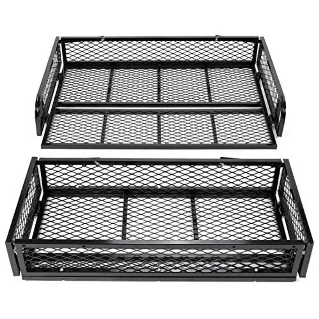 Black ATV front and rear cargo baskets in steel mesh, rectangular with side rails