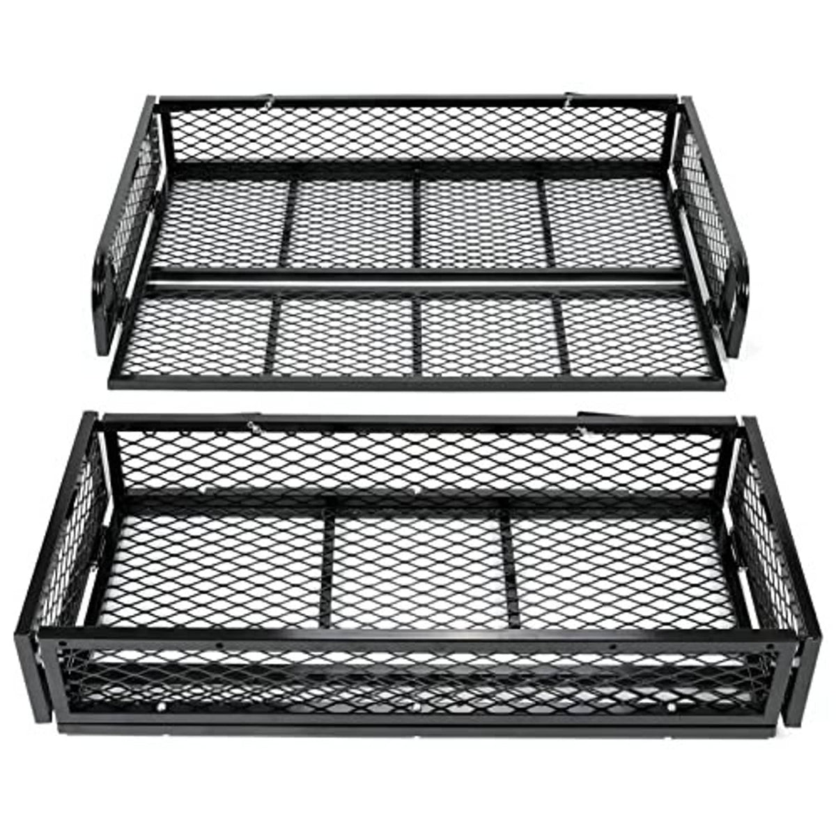 Black ATV front and rear cargo baskets in steel mesh, rectangular with side rails