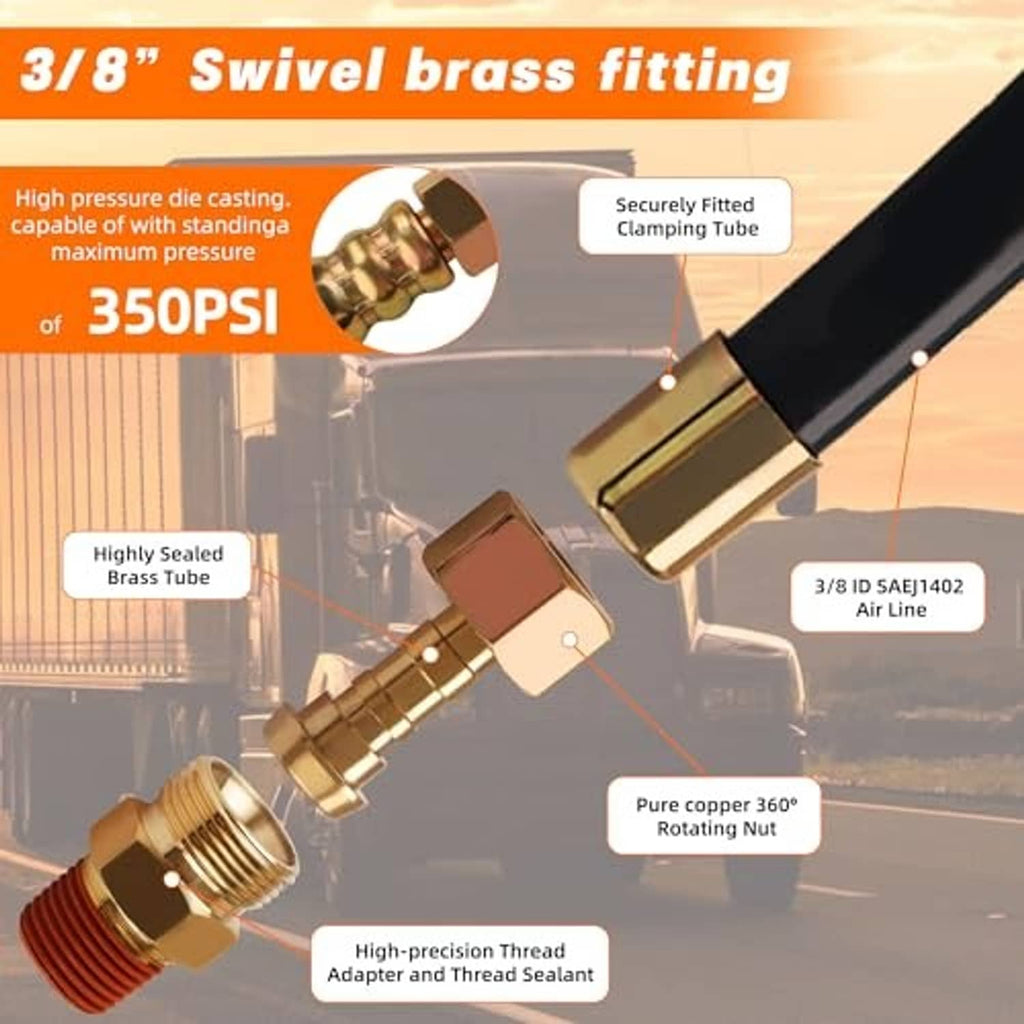 3/8 swivel brass fitting on black air brake hose with secure threaded connection