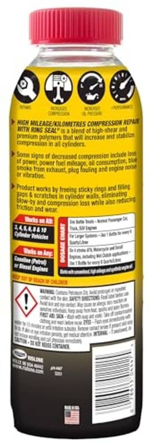 Rislone high mileage compression repair bottle, rear label with directions