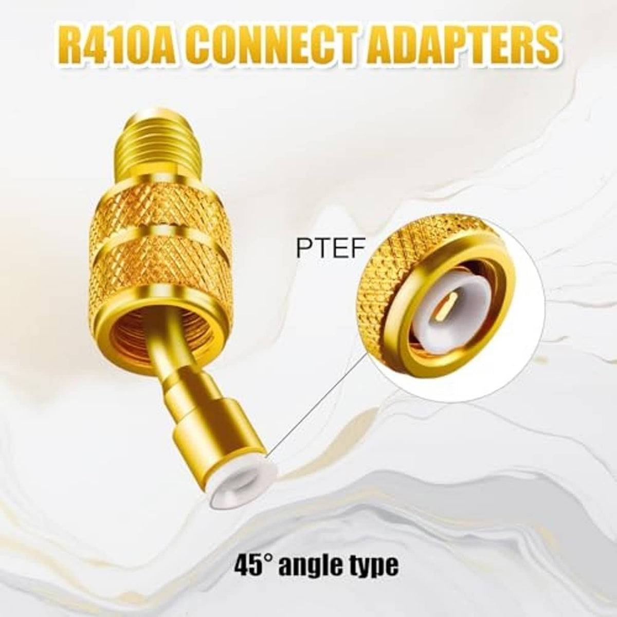45-degree refrigeration adapter with gold brass body and PTFE-lined seal