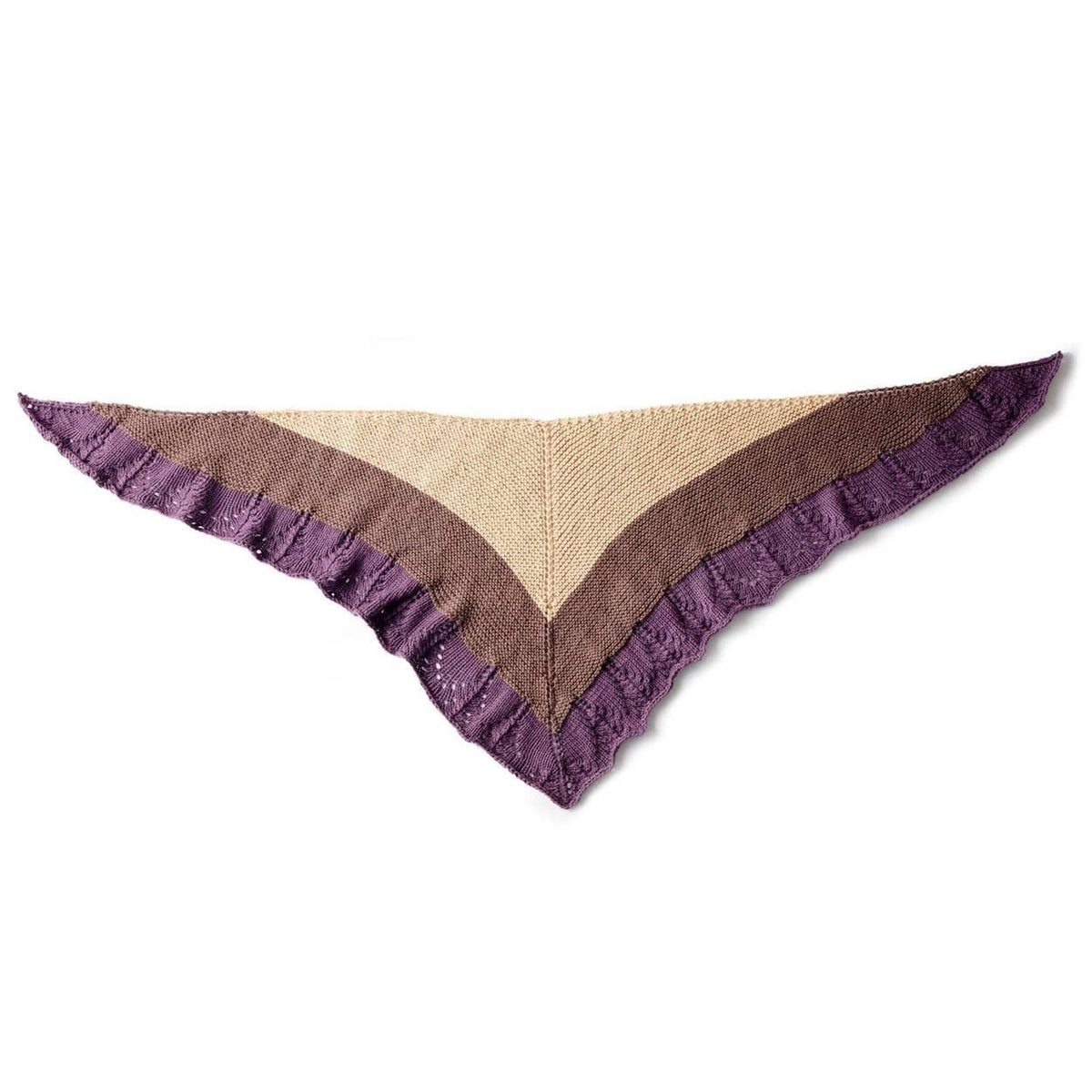 Two-tone triangular knit shawl with purple scalloped edging and tan/brown stripes.