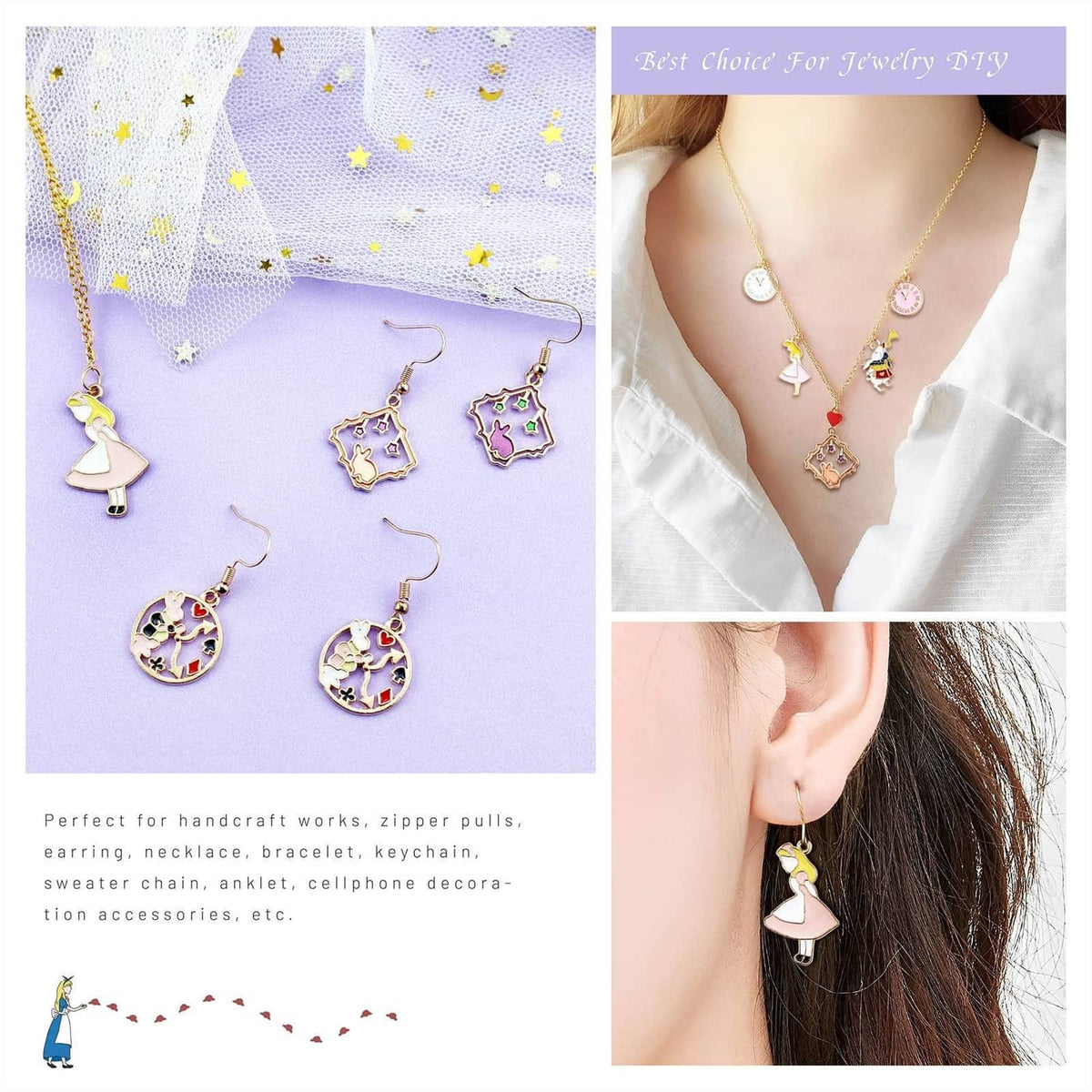 Gold-plated enamel charm pendants with star and rabbit motifs on jewelry styling shots.