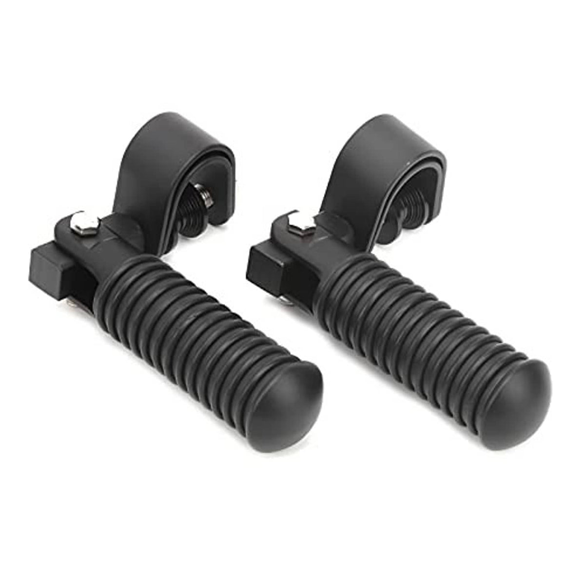 Black motorcycle foot pegs with ribbed rubber grips and clamp-style mounting brackets