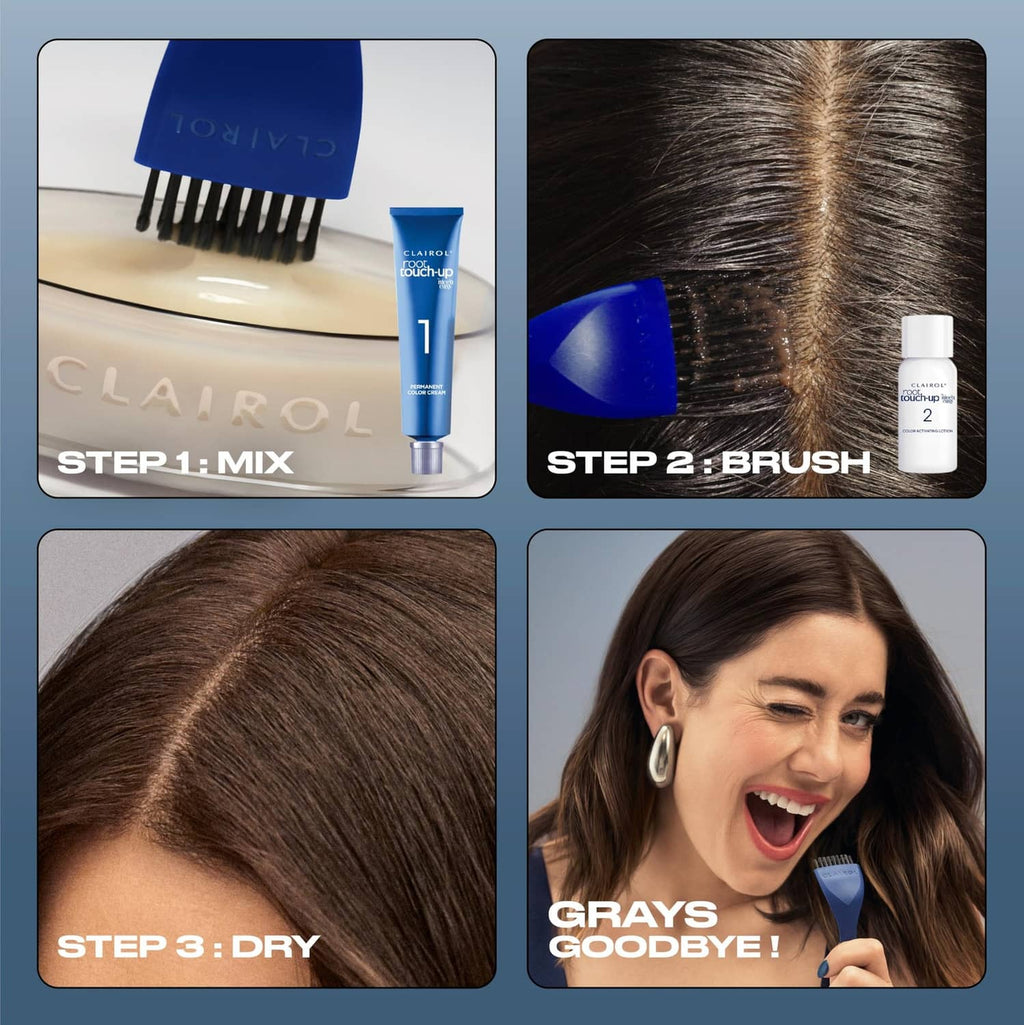 Clairol root touch-up kit steps: mix, brush, dry, and grey coverage