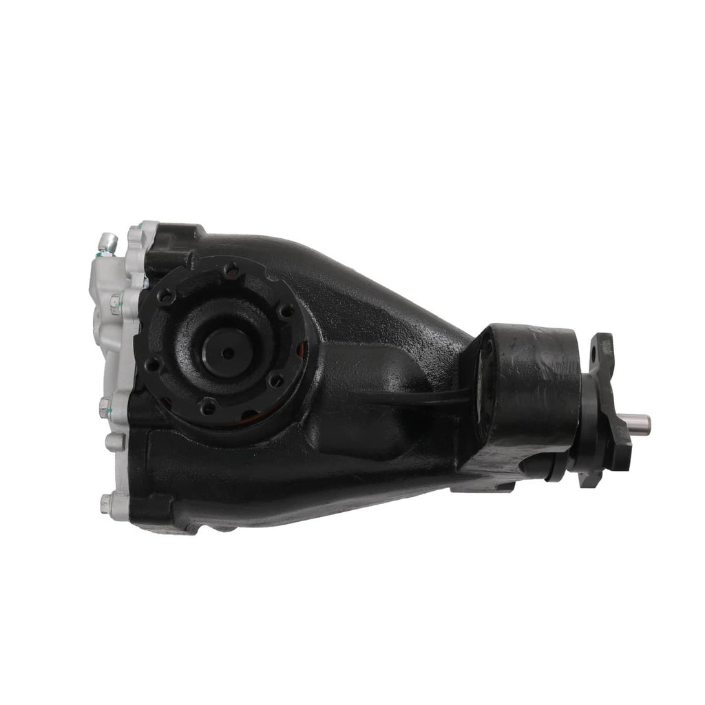 Rear differential carrier assembly, black and silver housing with rear cover and axle shaft