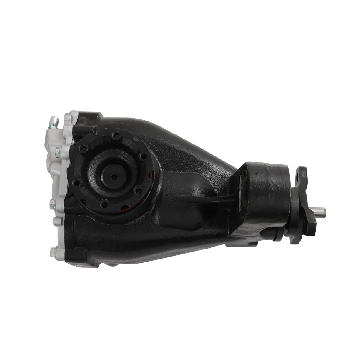 Rear differential carrier assembly, black and silver housing with rear cover and axle shaft