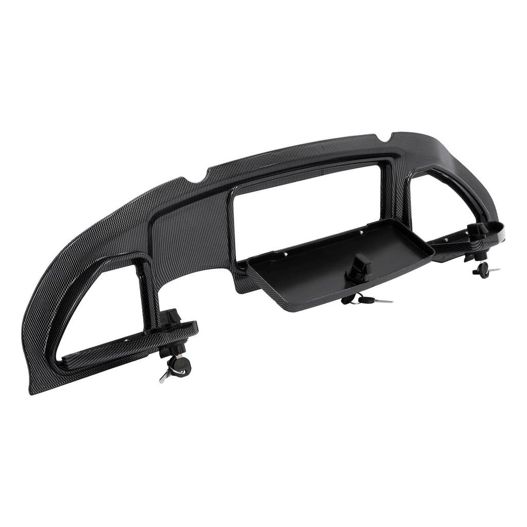 Carbon fiber dash kit panel with side brackets and central cutout, underside hardware visible