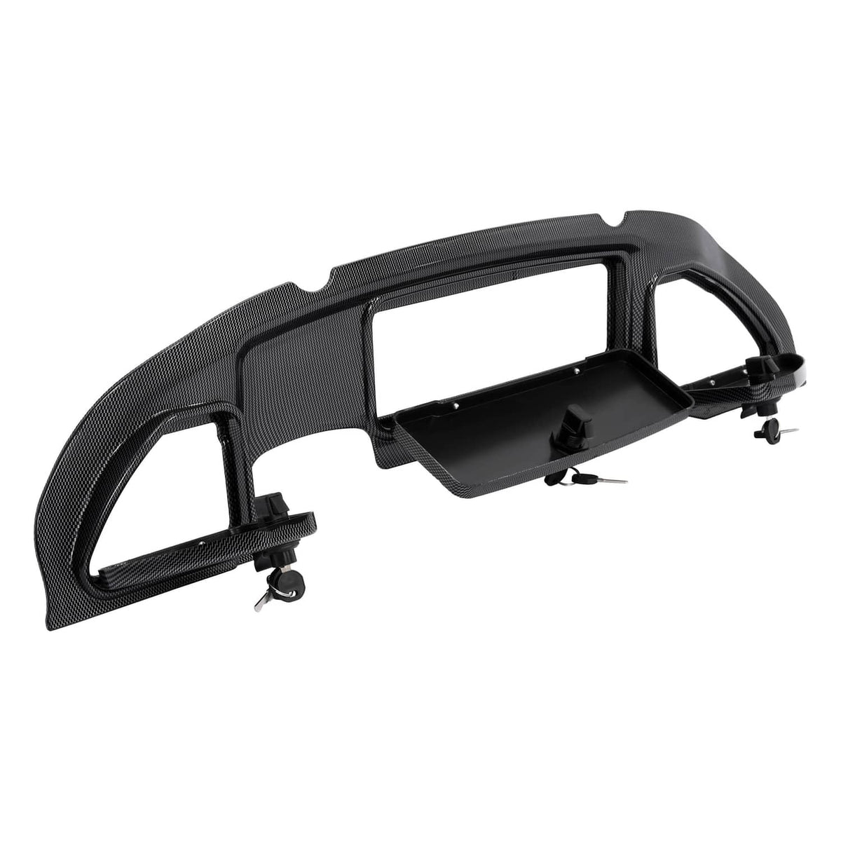 Carbon fiber dash kit panel with side brackets and central cutout, underside hardware visible