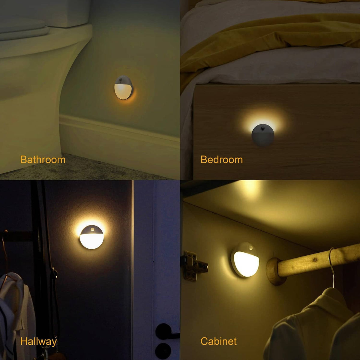 Motion sensor night light glowing warm yellow in bathroom, bedroom, hallway, and cabinet.