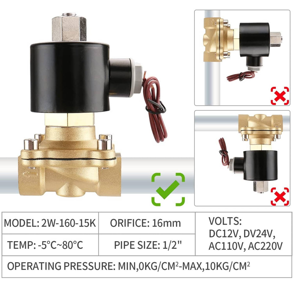 Brass solenoid valve with black coil and red wire leads, showing inlet outlet ports
