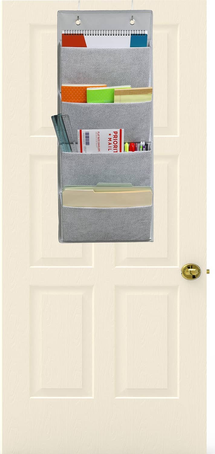 Gray hanging 4-pocket office organizer on door with over-door or wall mount hooks