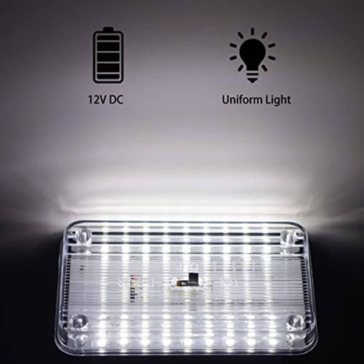 12V dome LED light shown glowing bright white through clear lens.