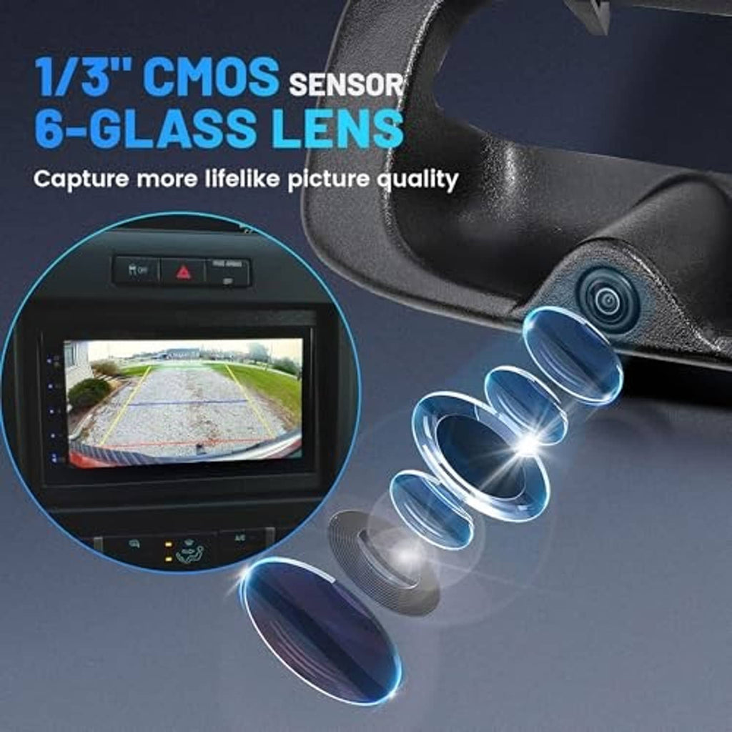 Black tailgate handle backup camera showing lens detail and light flare effect