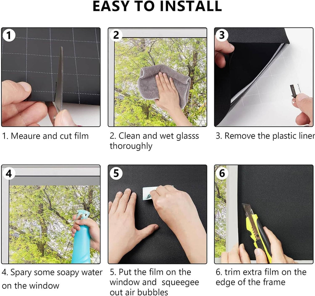 Blackout window film installation steps showing cutting, wetting glass, and smoothing on