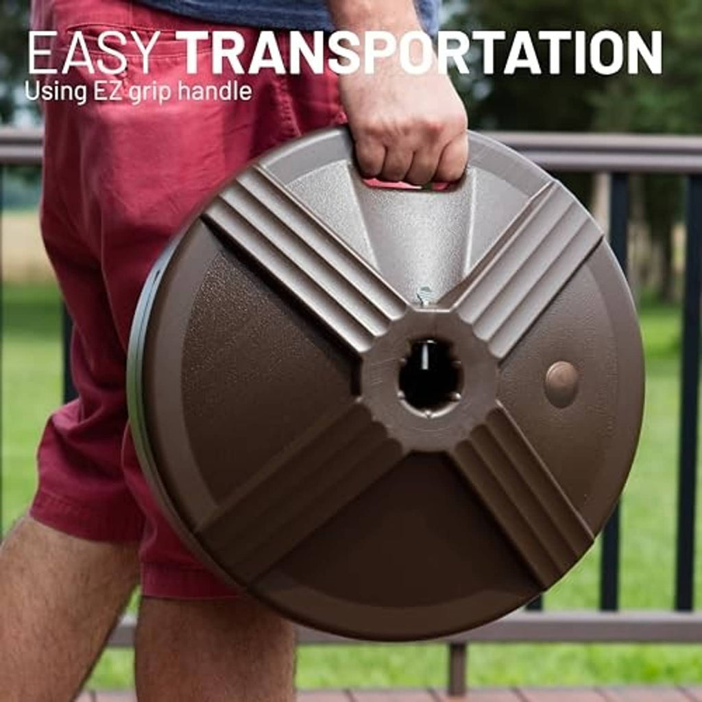 Brown fillable umbrella base held by a carry handle with central opening