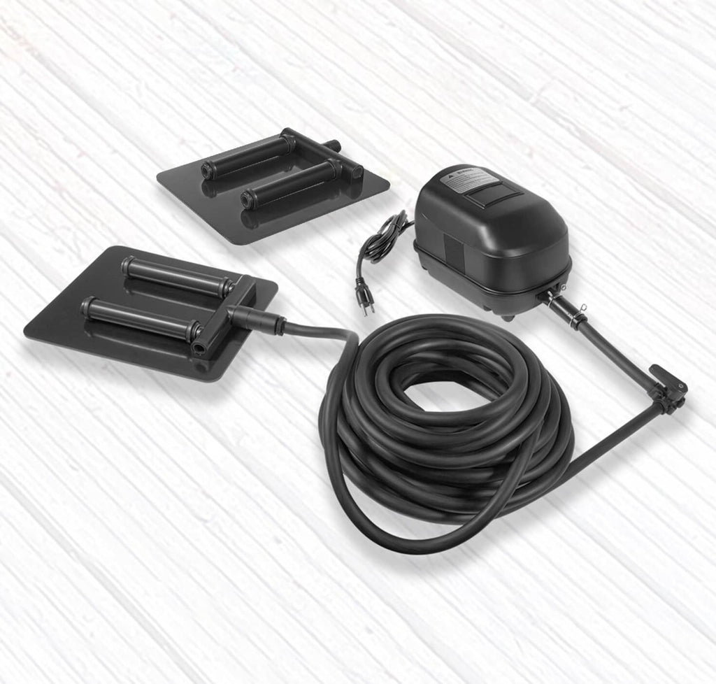 Pond aeration pump kit set with compressor, weighted diffusers, and coiled air line