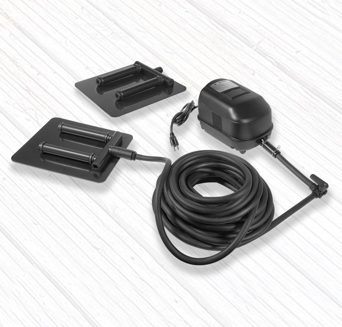 Pond aeration pump kit set with compressor, weighted diffusers, and coiled air line