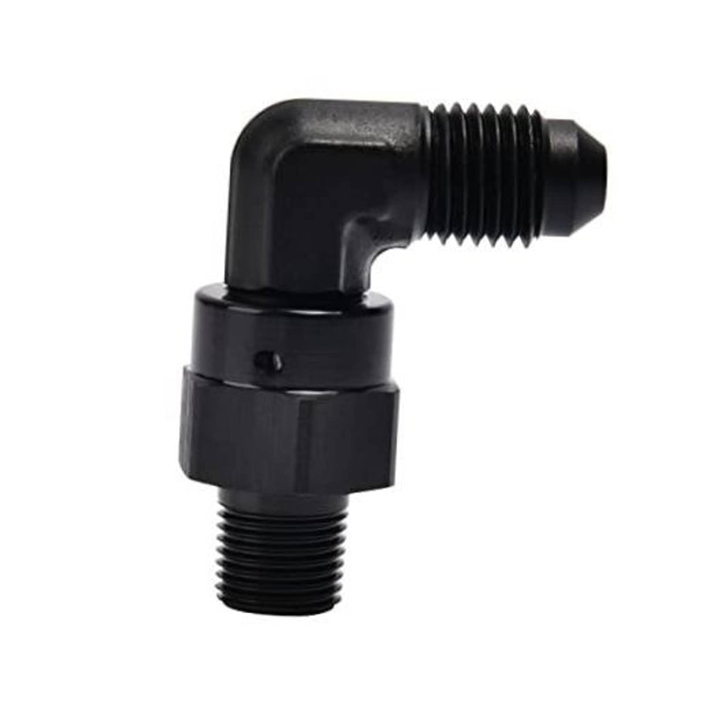 90-degree swivel adapter fitting, black finish, male flare-style thread ends