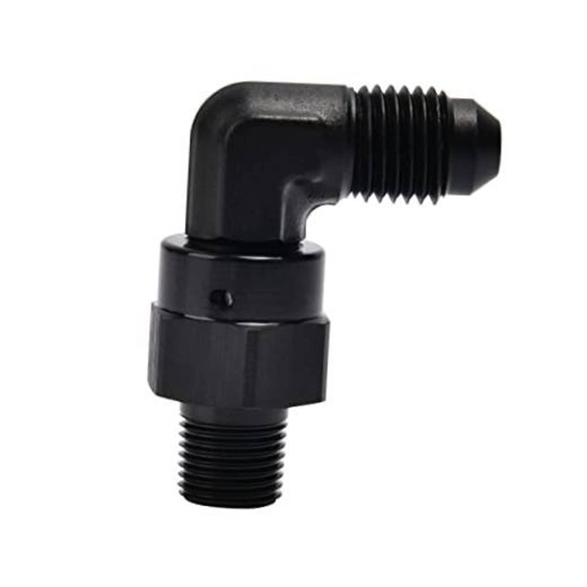 90-degree swivel adapter fitting, black finish, male flare-style thread ends