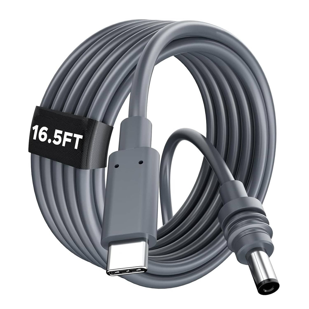 Grey USB-C to DC power cable with coiled length, USB-C plug and DC barrel connector