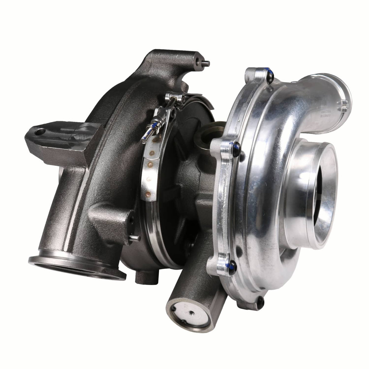 Turbocharger with dark cast exhaust housing and polished compressor section