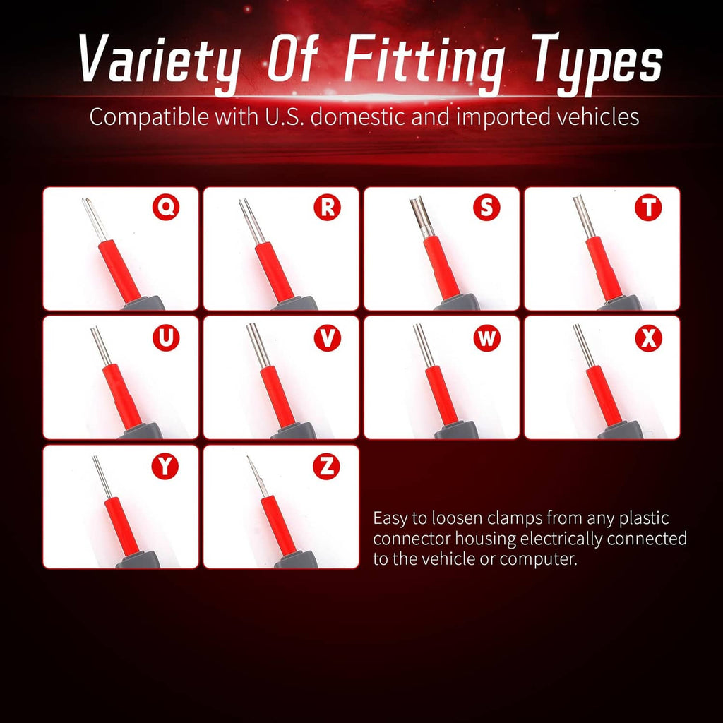 Variety of terminal removal tools with red handles and gray connector ends