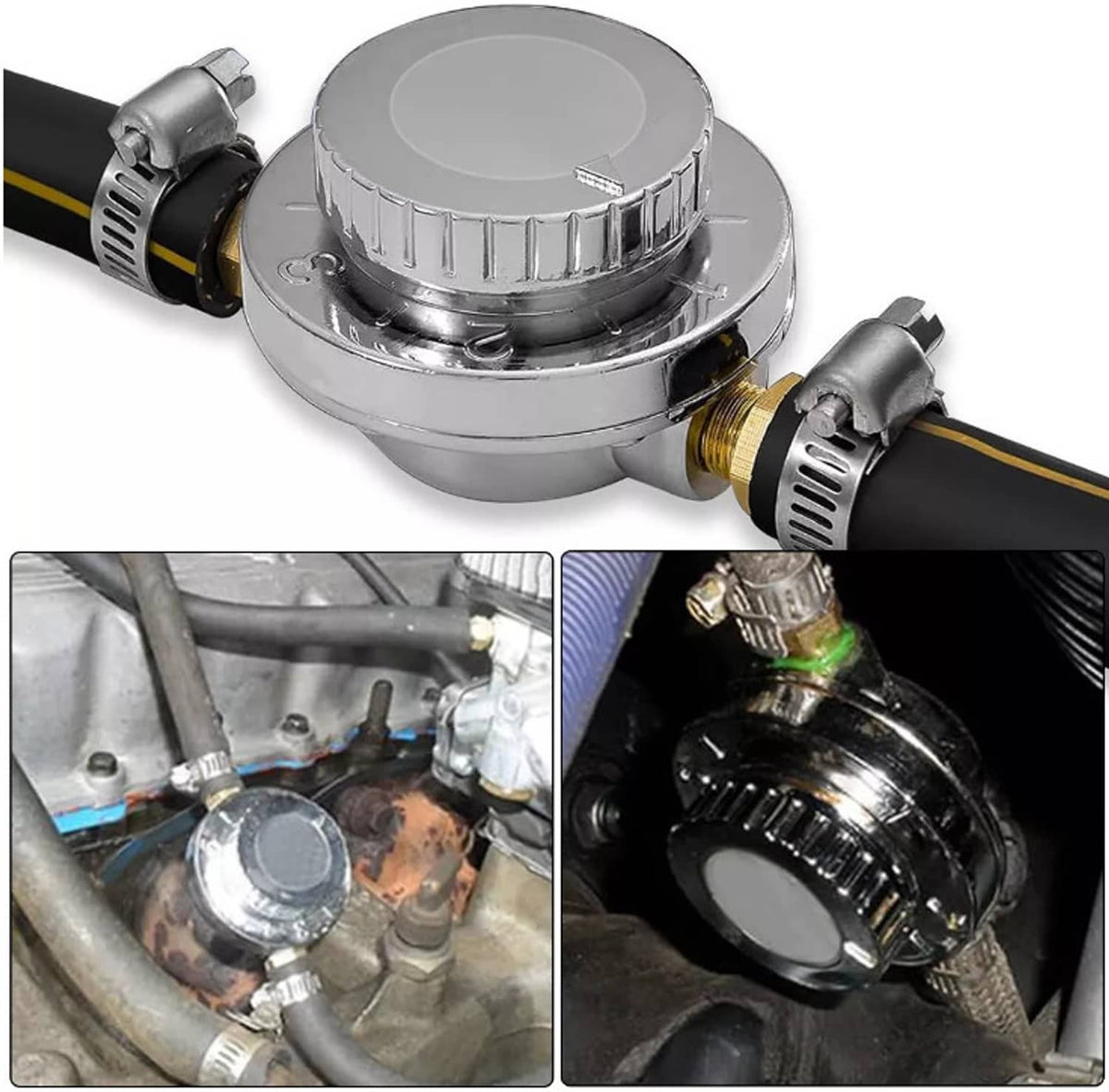 Fuel pressure regulator with chrome housing, hose ports, and mounting clamp