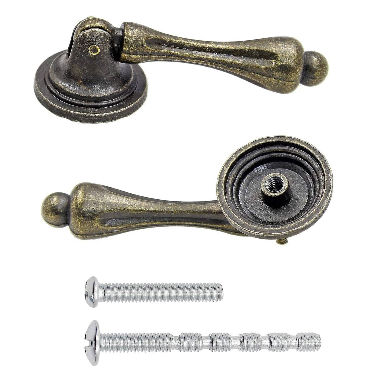 Antique bronze cabinet pulls with tear-drop handles, round bases, and mounting screws