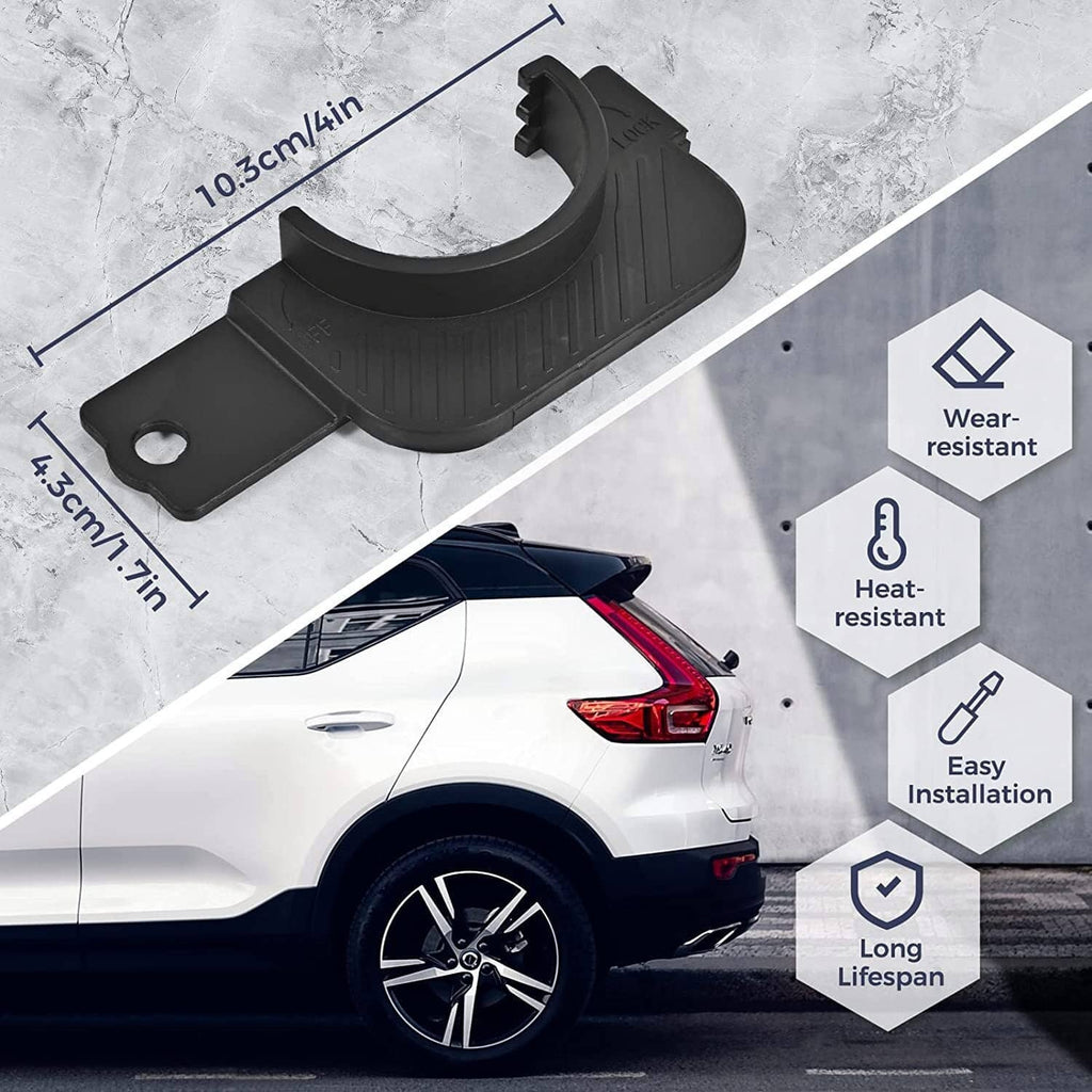 Black plastic gas cap holder trim shown with dimensions and vehicle fit