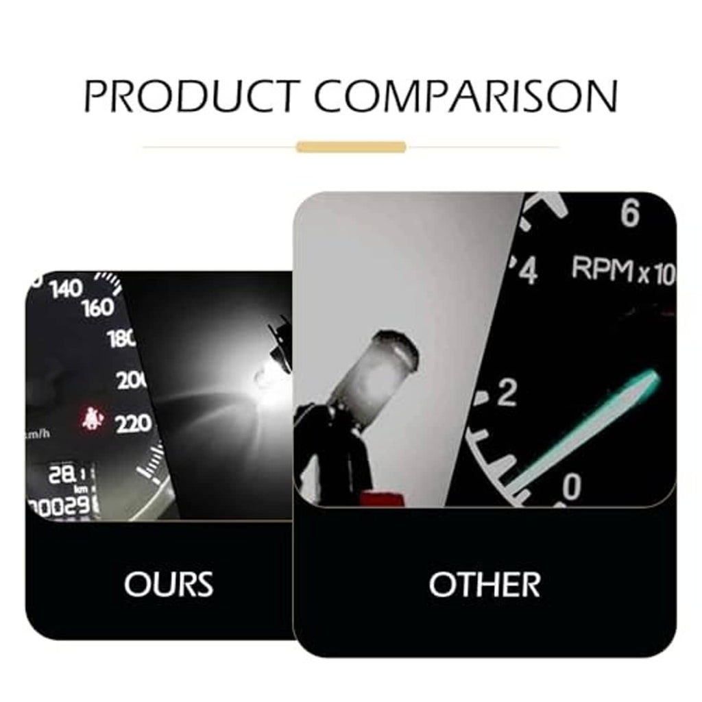 T5 car dashboard bulb with clear glass and black base beside instrument cluster graphics