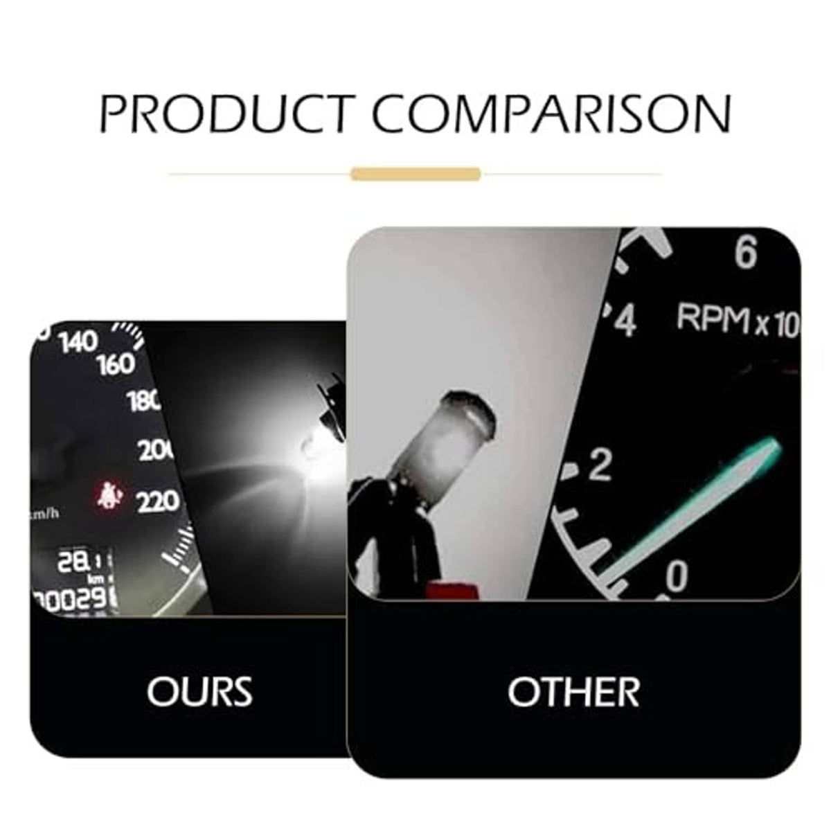T5 car dashboard bulb with clear glass and black base beside instrument cluster graphics