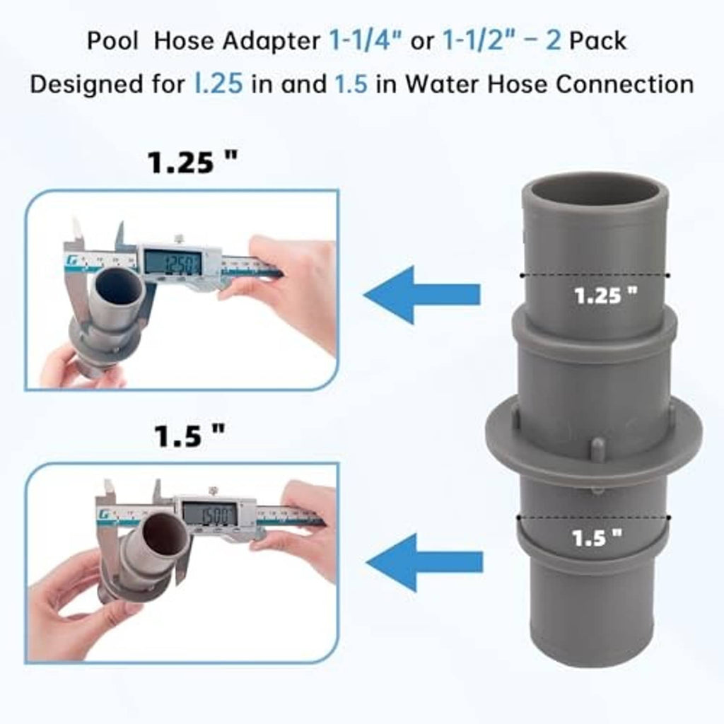 Two-size gray pool hose adapter with stacked connector ports for 1.25 and 1.5 hoses