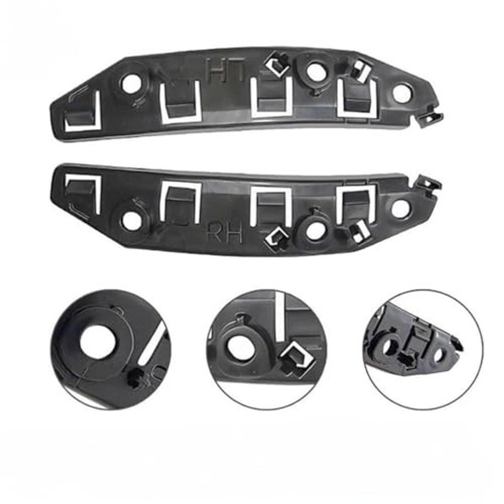 Front bumper bracket retainer set: black plastic left/right brackets with mounting views