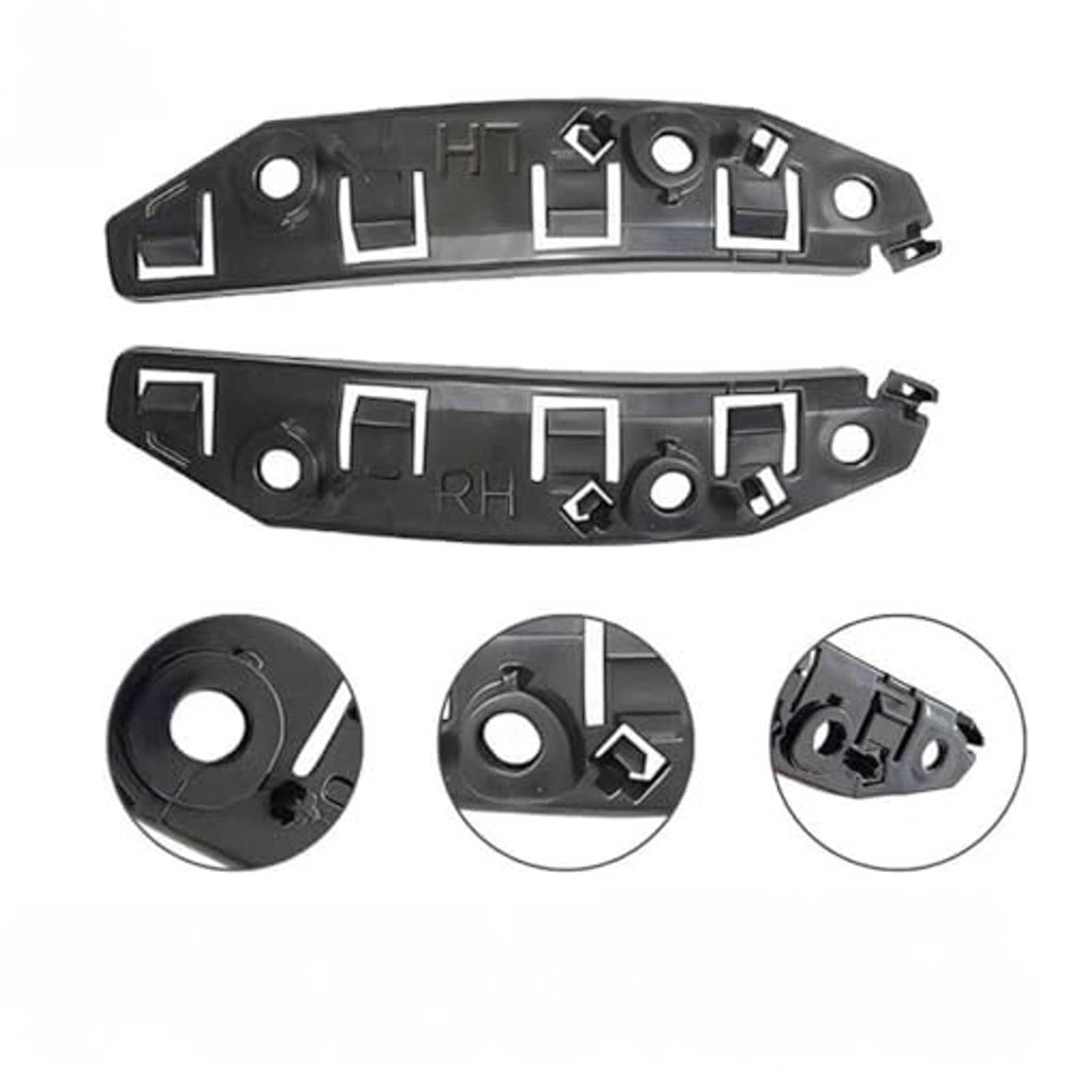 Front bumper bracket retainer set: black plastic left/right brackets with mounting views
