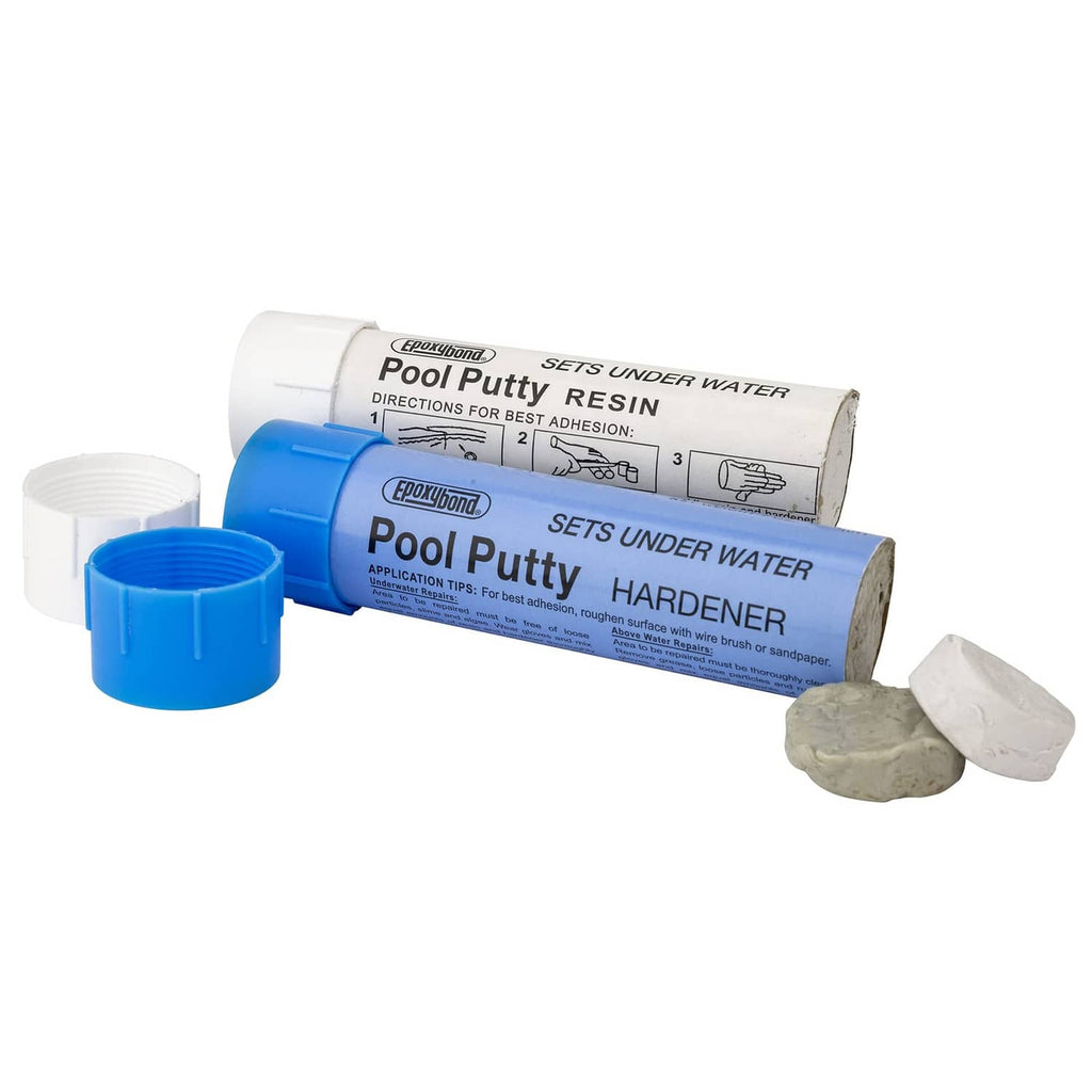 Pool putty resin and hardener tubes with blue dispenser cap and small putty pieces