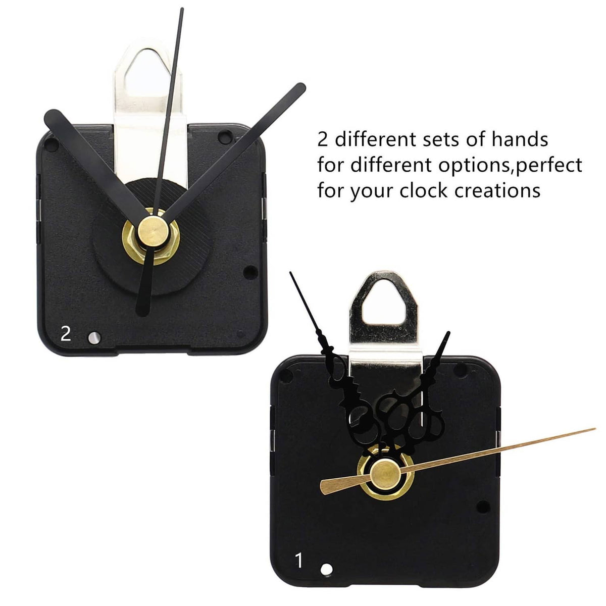 Black clock movement with gold center cap and two hand sets