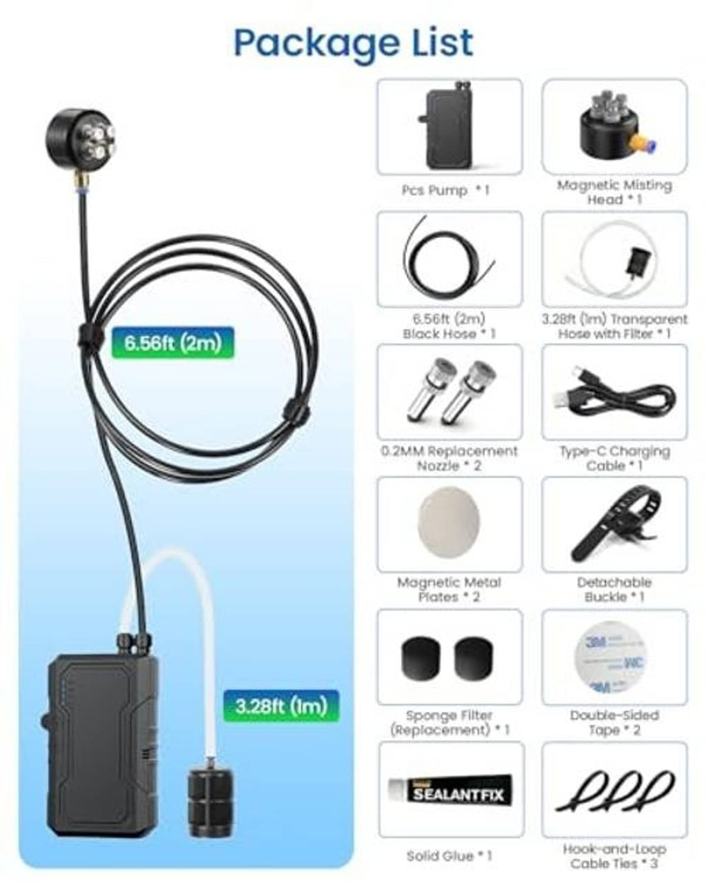 Portable magnetic misting system kit layout with pump, mist head, hose, and nozzles