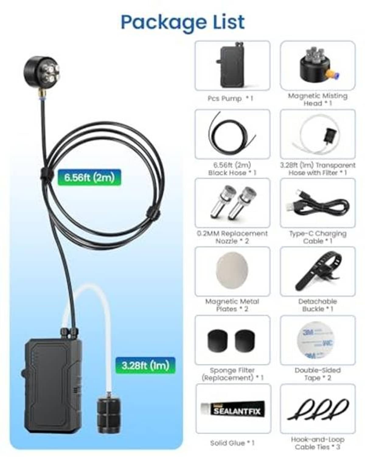 Portable magnetic misting system kit layout with pump, mist head, hose, and nozzles