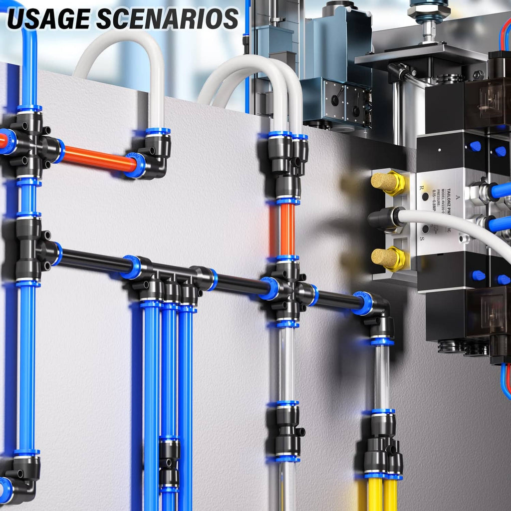 Pneumatic tubing system with multiple straight reducer fittings and blue couplers
